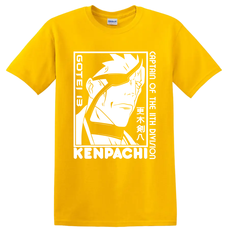 Kenpachi Zaraki black-and-white manga-style swordsman portrait graphic on a Daisy (Yellow) T Shirt
