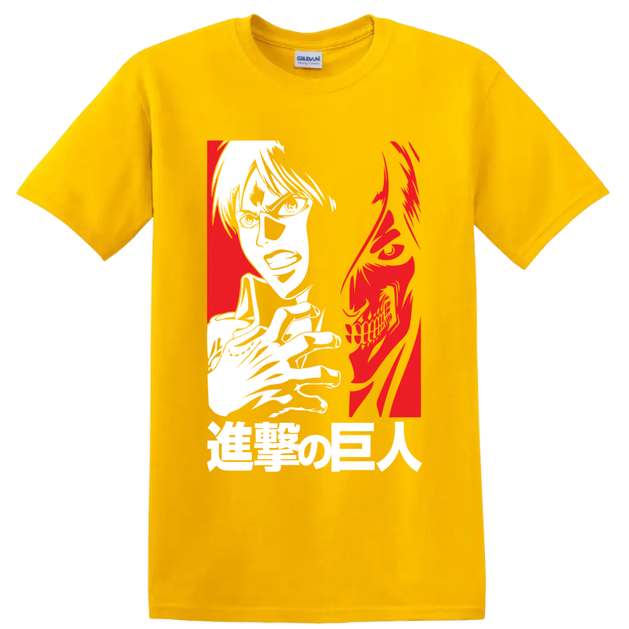 Eren Yeager and Attack Titan split-profile anime graphic on a Daisy (Yellow) T Shirt