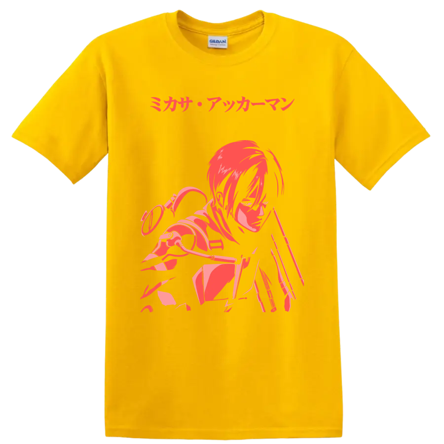 Mikasa Ackerman Attack on Titan red and pink anime action graphic with Japanese text on a Daisy (Yellow) T Shirt