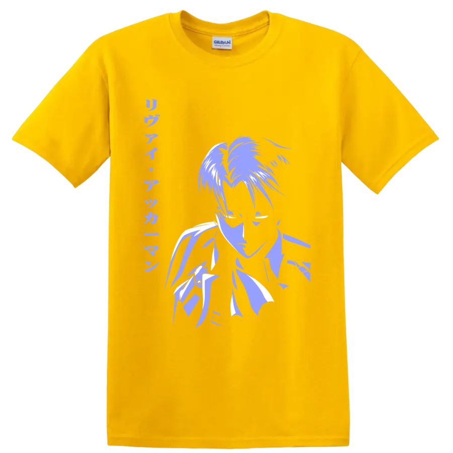Levi Ackerman lavender and white manga-style portrait graphic from Attack on Titan on a Daisy (Yellow) T Shirt