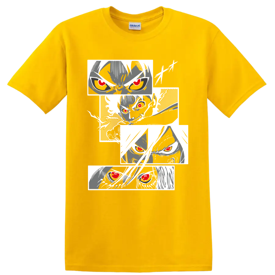Eren Yeager Attack on Titan manga portrait collage with intense red-eyed faces on a Daisy (Yellow) T Shirt