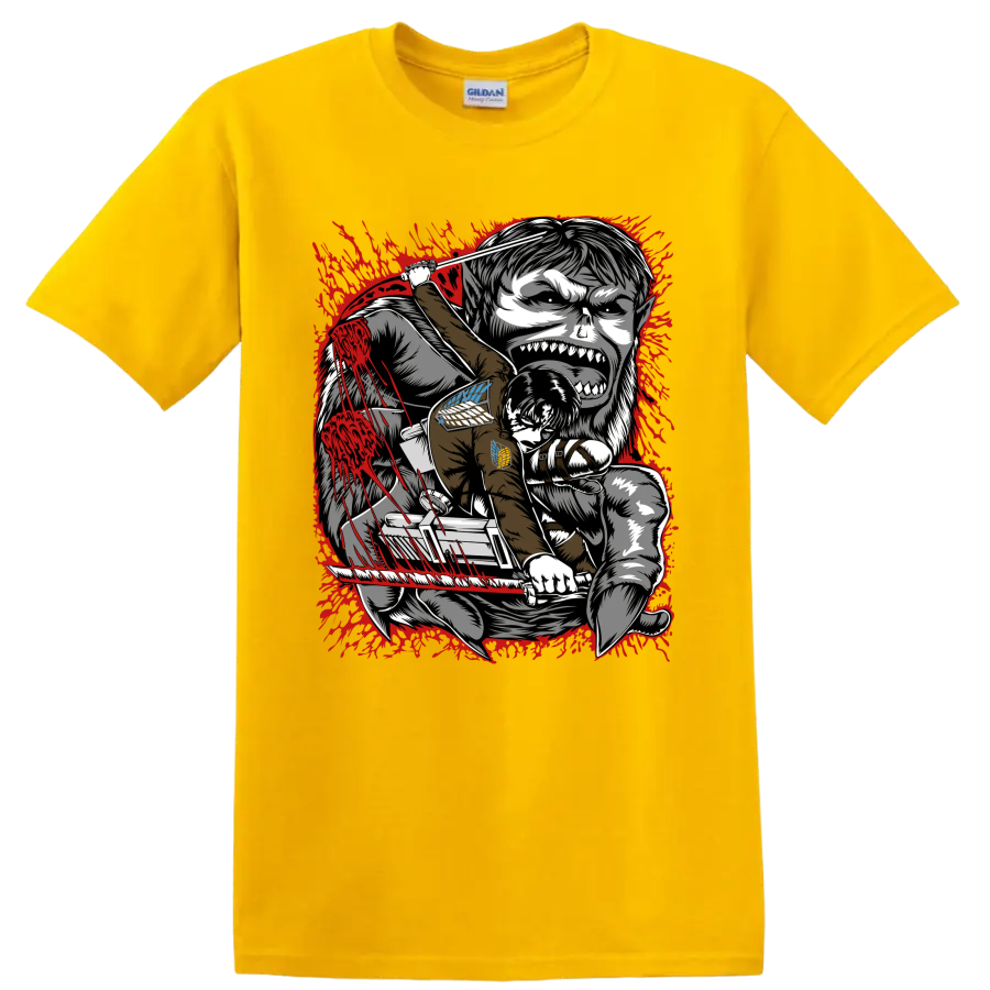 Levi Ackerman battling the Beast Titan in red splatter Attack on Titan manga art on a Daisy (Yellow) T Shirt