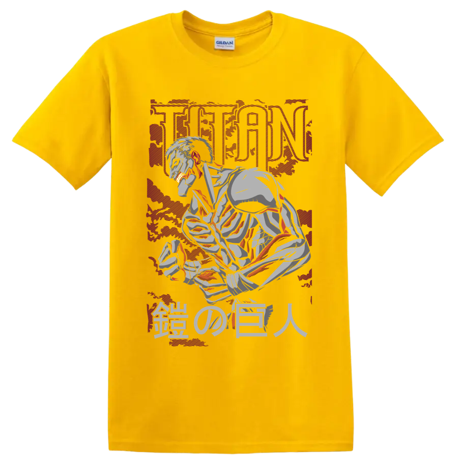 Armored Titan crouching in distressed manga art with TITAN and Japanese characters on a Daisy (Yellow) T Shirt