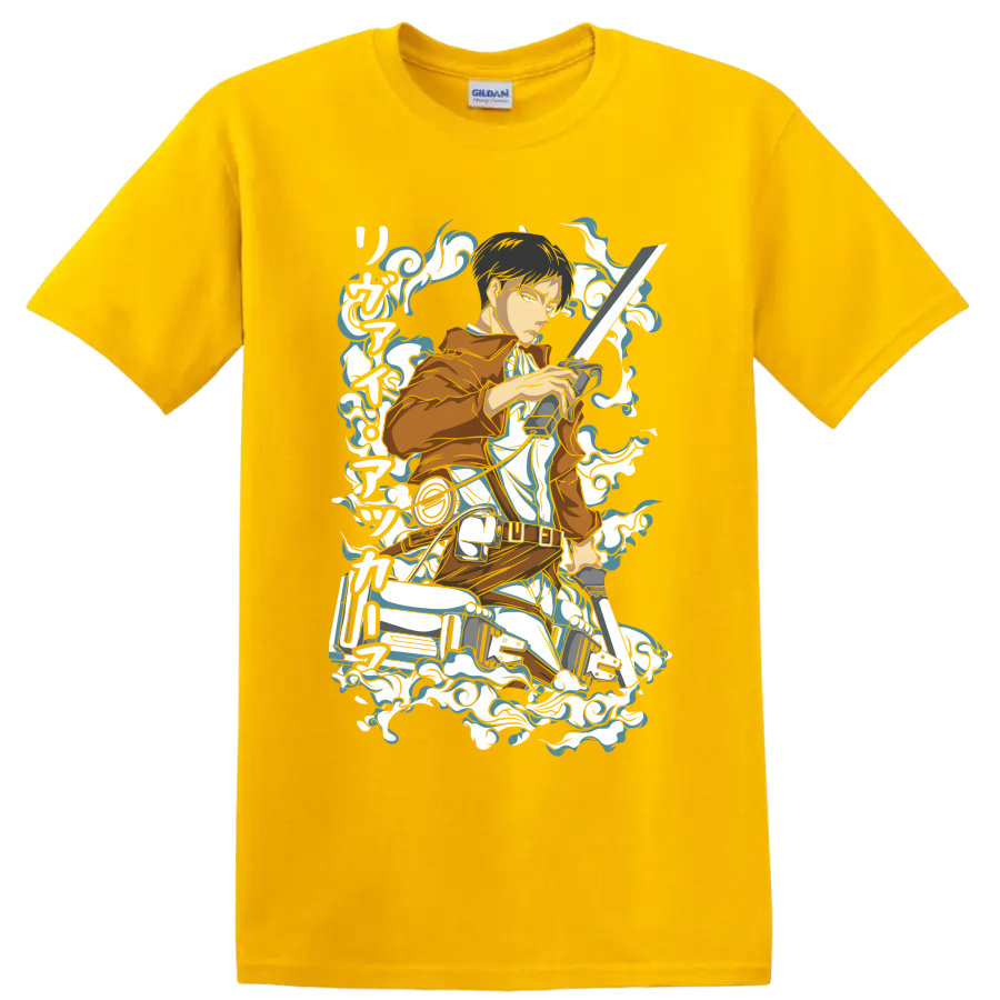 Levi Ackerman Scout Regiment action graphic with blades and swirling smoke accents on a Daisy (Yellow) T Shirt