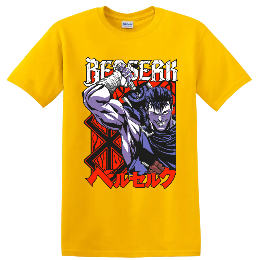 Guts from Berserk wielding a massive sword in bold gothic anime art on a Daisy (Yellow) T Shirt