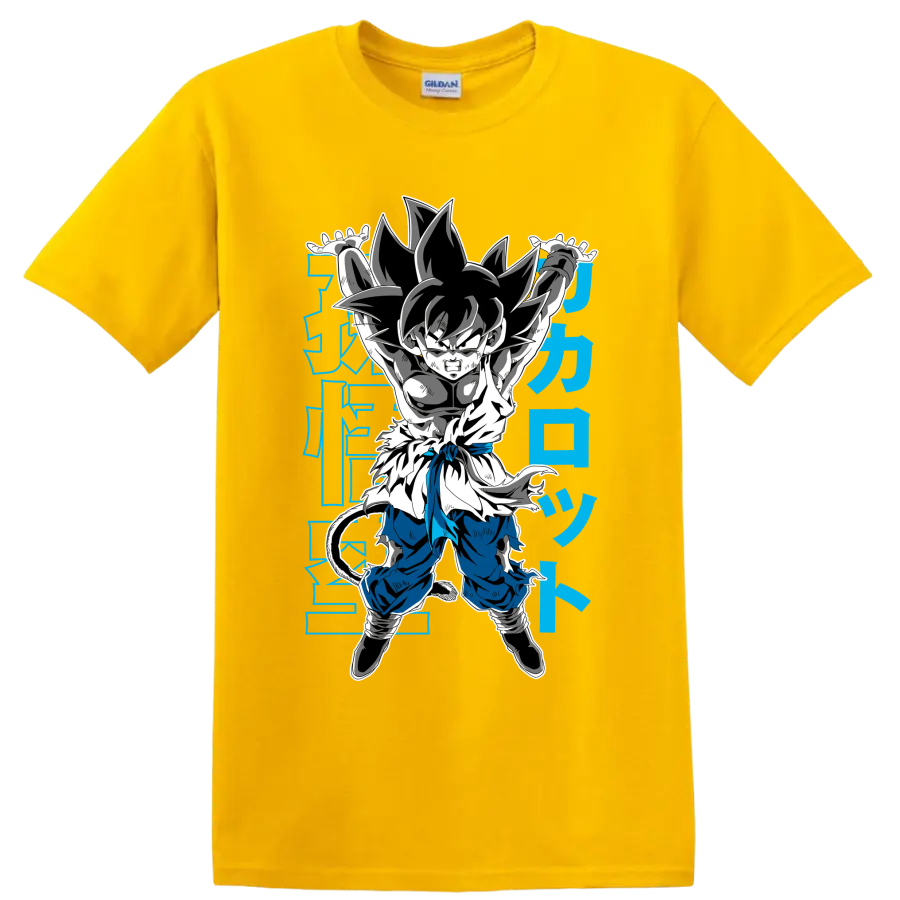 Kid Goku in a Genki Dama-inspired manga action pose with blue Japanese-style characters on a Daisy (Yellow) T Shirt