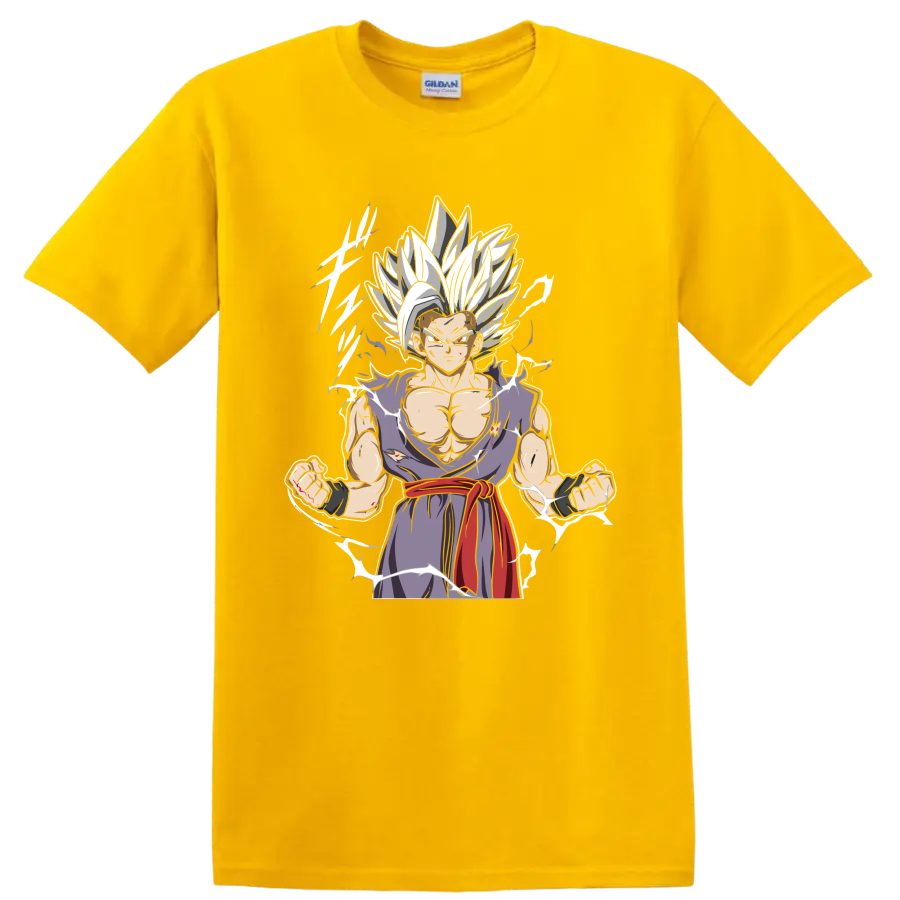 Gohan Beast anime graphic with white hair, torn purple gi, red sash, and energy accents on a Daisy (Yellow) T Shirt