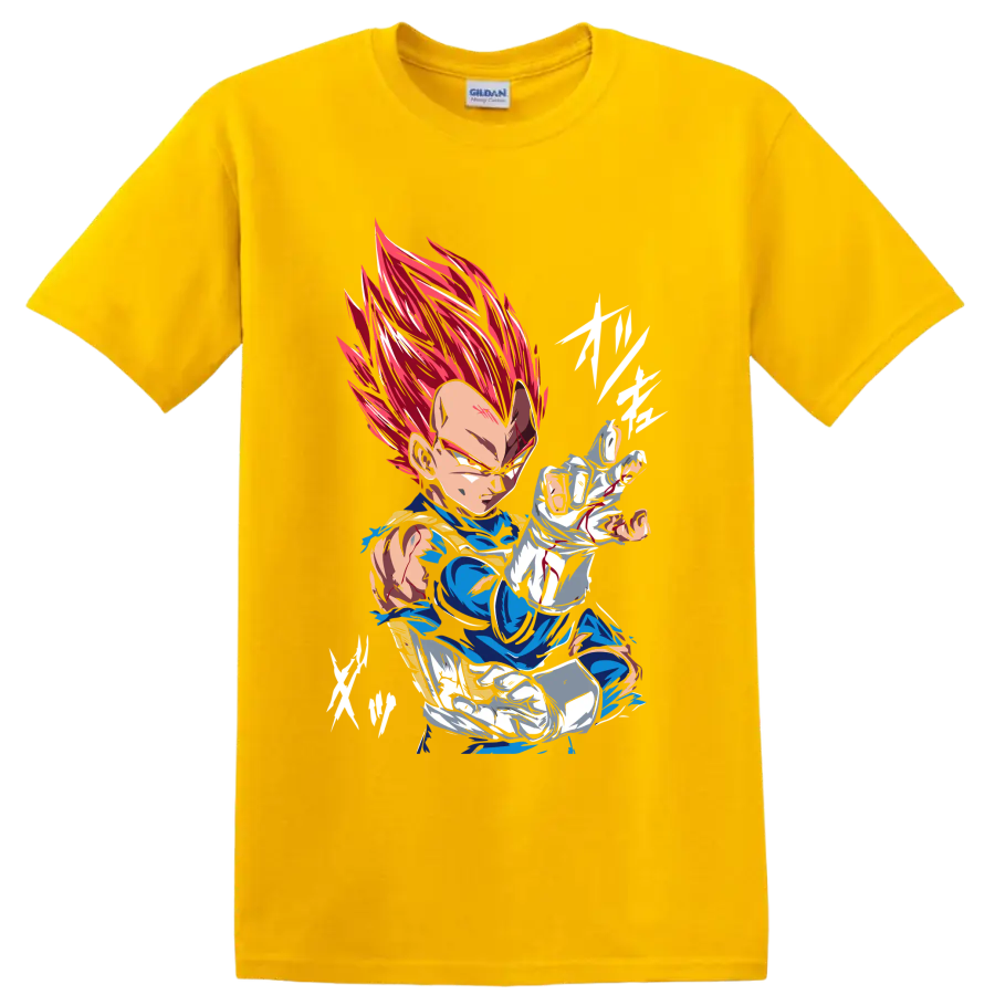 Vegeta Super Saiyan God in a fierce red-haired anime battle pose on a Daisy (Yellow) T Shirt