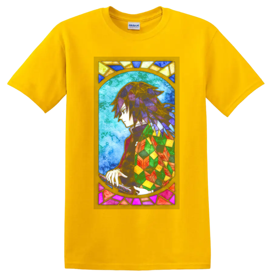 Giyu Tomioka stained-glass-style anime portrait with sword and colorful haori on a Daisy (Yellow) T Shirt