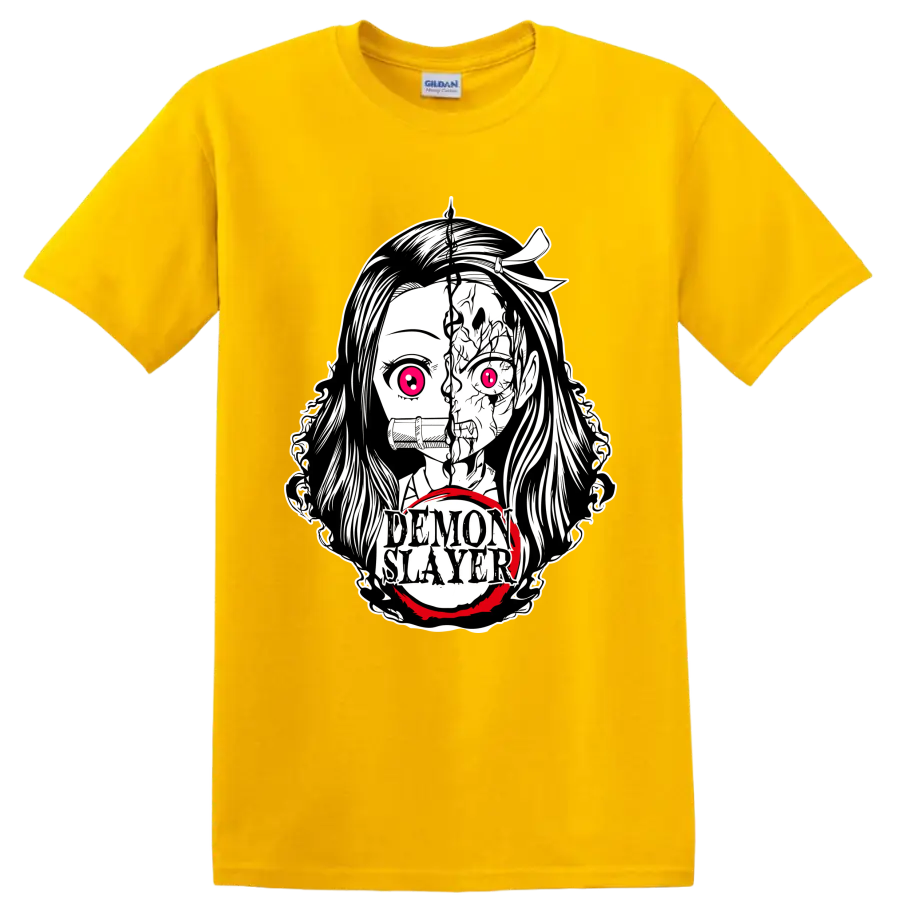 Nezuko Kamado split demon-form manga portrait with bamboo muzzle and Demon Slayer text on a Daisy (Yellow) T Shirt