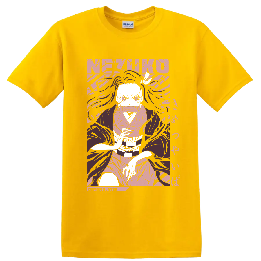 Nezuko Kamado manga-style portrait with flowing hair and bamboo muzzle on a Daisy (Yellow) T Shirt