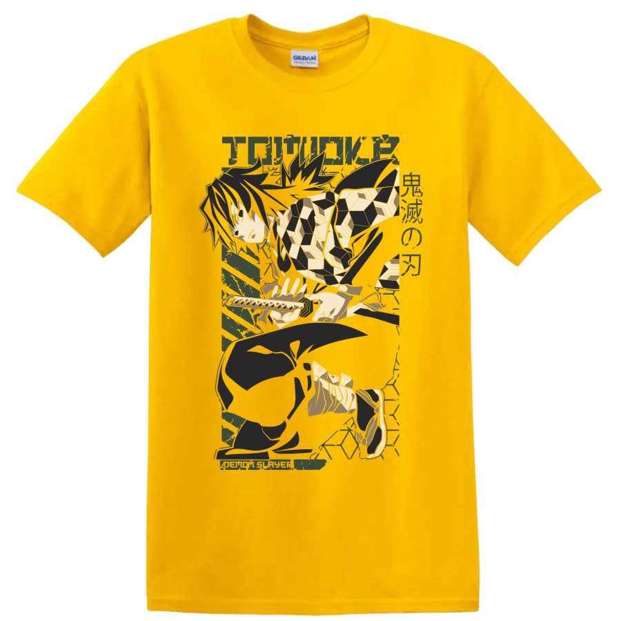 Giyu Tomioka seated with sword in a muted geometric anime graphic on a Daisy (Yellow) T Shirt