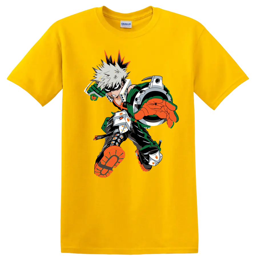 Katsuki Bakugo as Dynamight in a bold forward-charging anime action graphic on a Daisy (Yellow) T Shirt