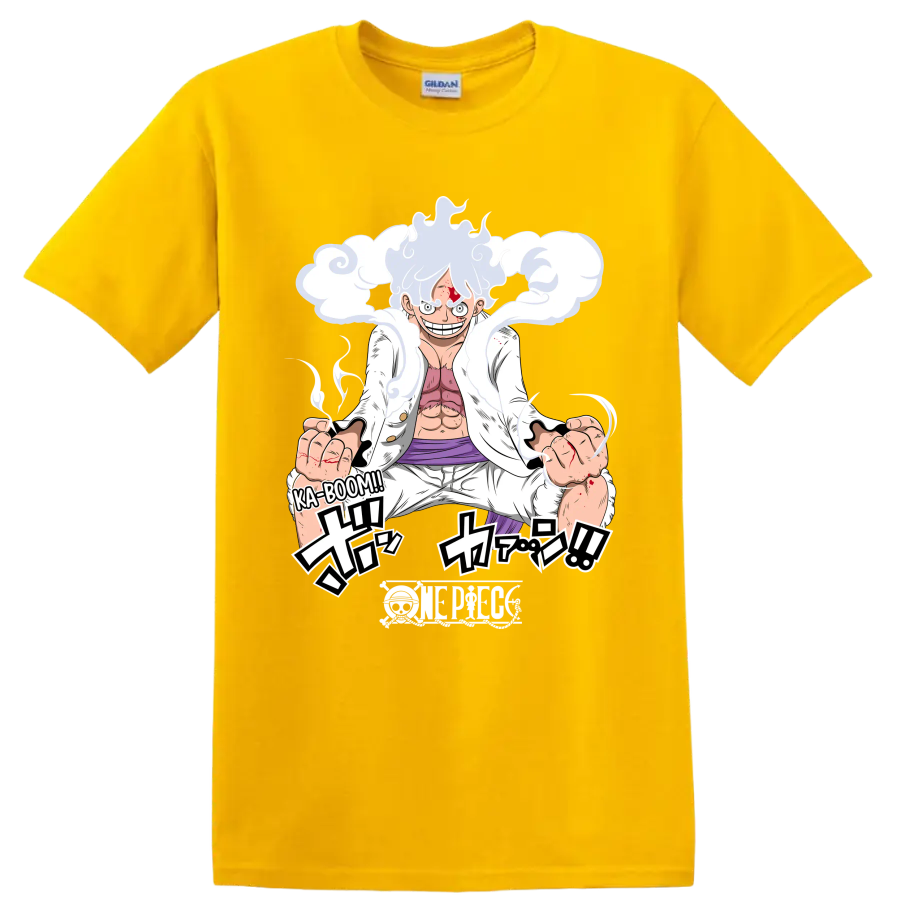 Monkey D. Luffy Gear 5 manga action art with swirling cloud effects on a Daisy (Yellow) T Shirt
