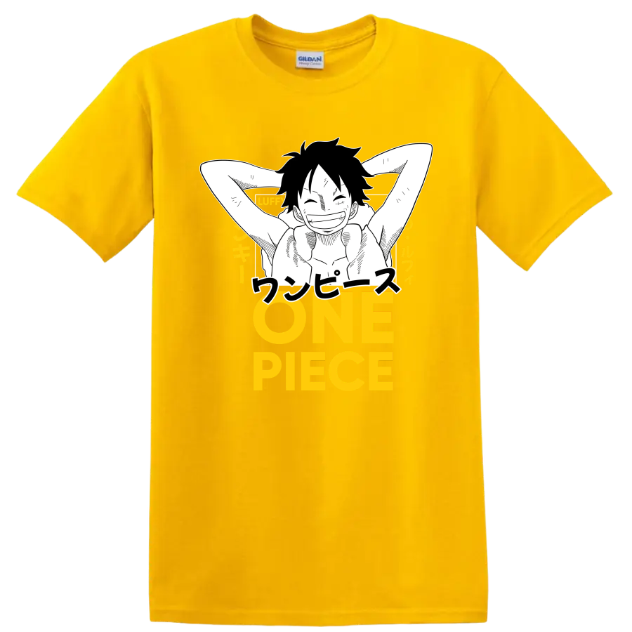 Monkey D. Luffy relaxed manga line art with Japanese text and yellow ONE PIECE lettering on a Daisy (Yellow) T Shirt