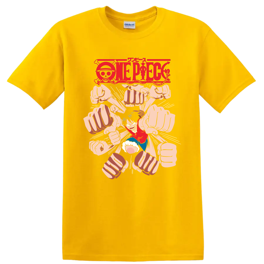 Monkey D. Luffy Gomu Gomu no Gatling manga graphic with One Piece logo and flying fists on a Daisy (Yellow) T Shirt
