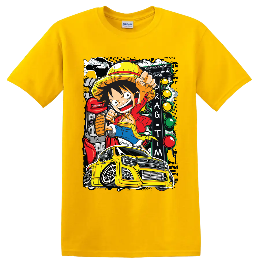 Monkey D. Luffy anime art with yellow Isuzu pickup and Thailook racing scene on a Daisy (Yellow) T Shirt