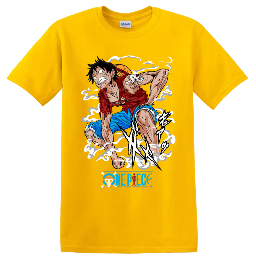 Monkey D. Luffy Gear 2 action graphic with steam effects and One Piece logo on a Daisy (Yellow) T Shirt