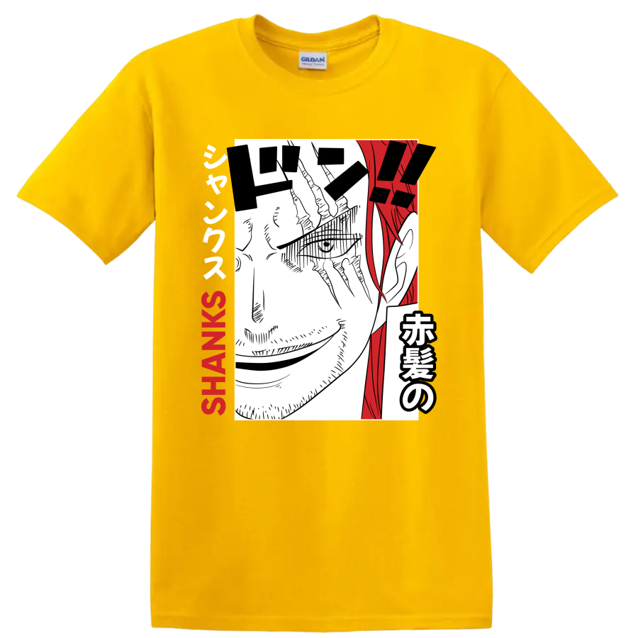 Shanks One Piece manga portrait with red hair, Japanese lettering, and SHANKS text on a Daisy (Yellow) T Shirt