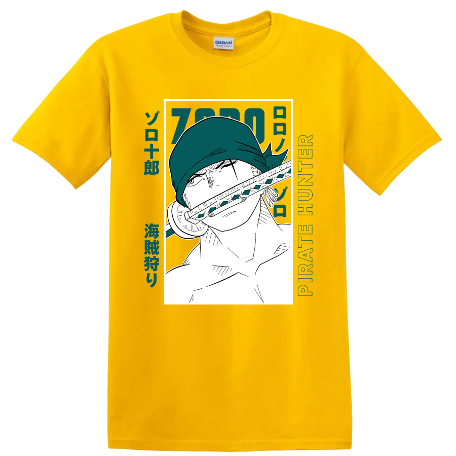 Roronoa Zoro Pirate Hunter manga portrait with sword and teal Japanese-style lettering on a Daisy (Yellow) T Shirt