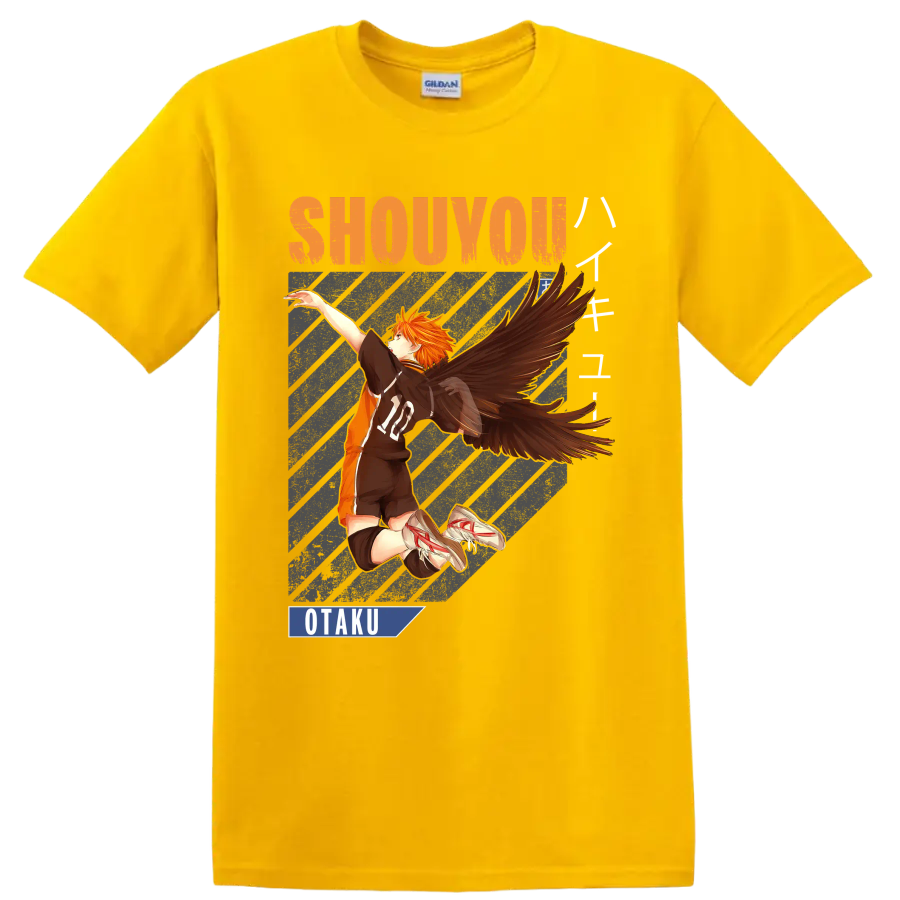 Shoyo Hinata winged volleyball anime graphic with Shouyou and Otaku text on a Daisy (Yellow) T Shirt