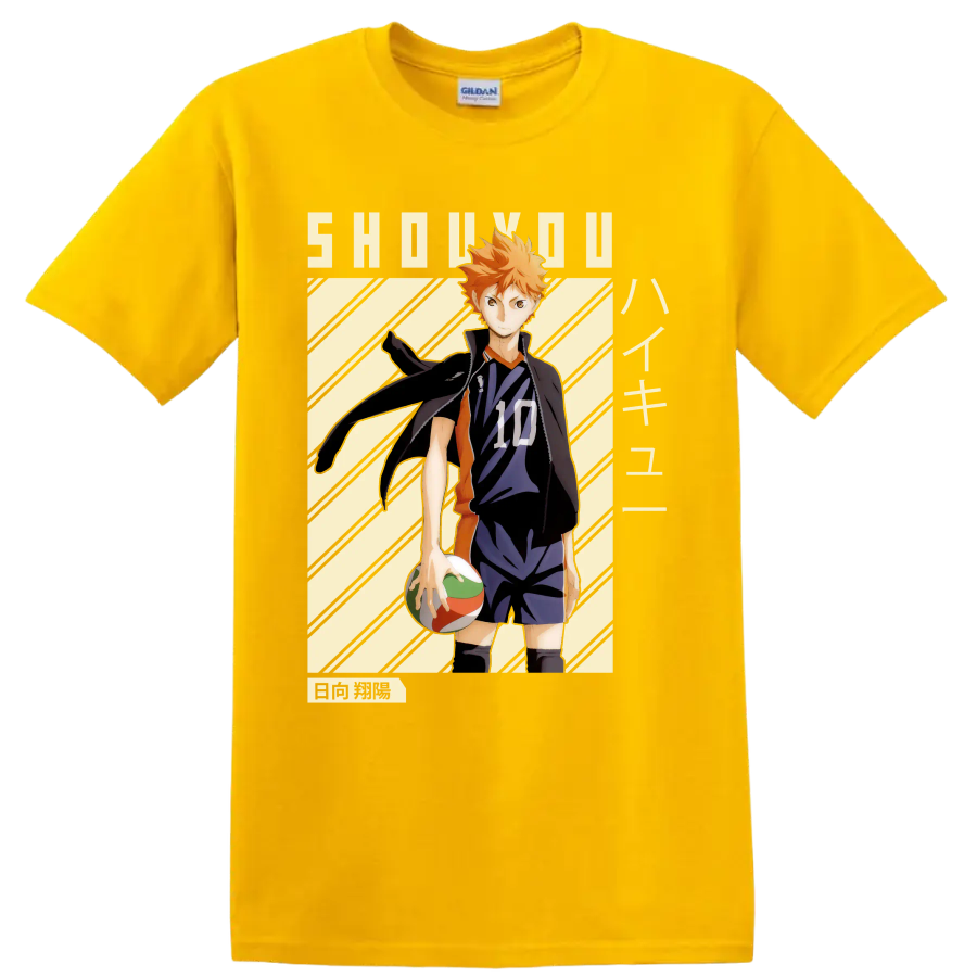 Shoyo Hinata in Karasuno number 10 uniform with volleyball manga-style graphic on a Daisy (Yellow) T Shirt