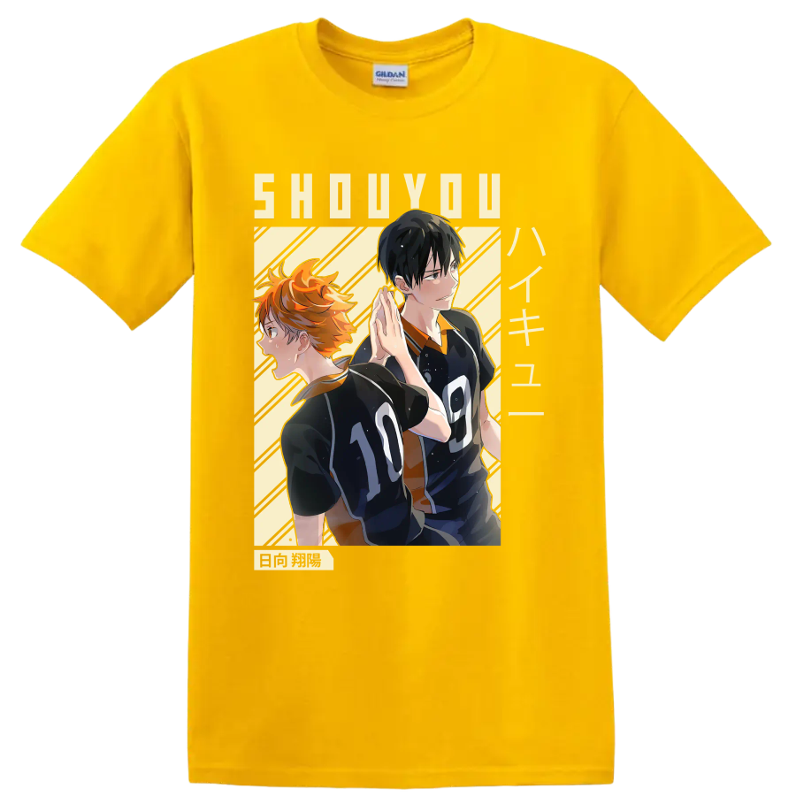 Anime-style Shoyo Hinata and Tobio Kageyama in Karasuno volleyball uniforms on a Daisy (Yellow) T Shirt