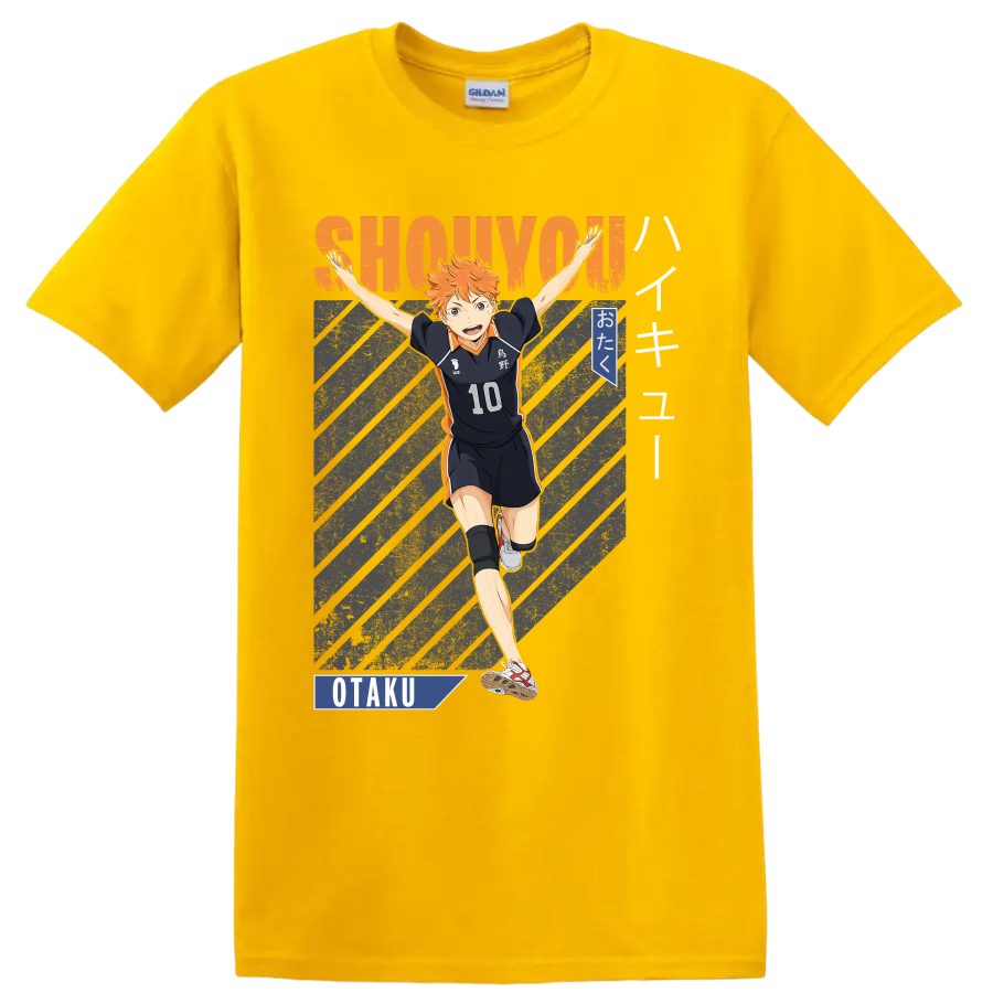 Shoyo Hinata in Karasuno No. 10 uniform with SHOUYOU lettering and otaku graphics on a Daisy (Yellow) T Shirt