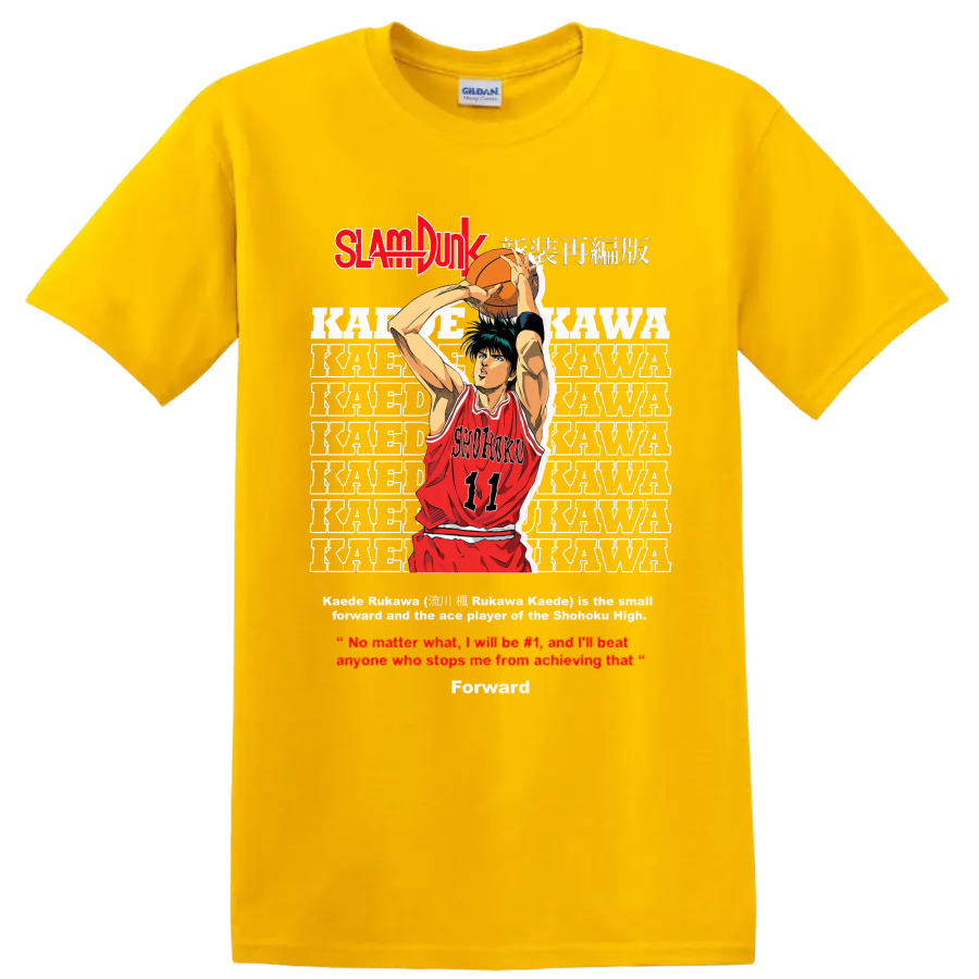 Kaede Rukawa Slam Dunk manga basketball shooter graphic with Shohoku number 11 jersey on a Daisy (Yellow) T Shirt