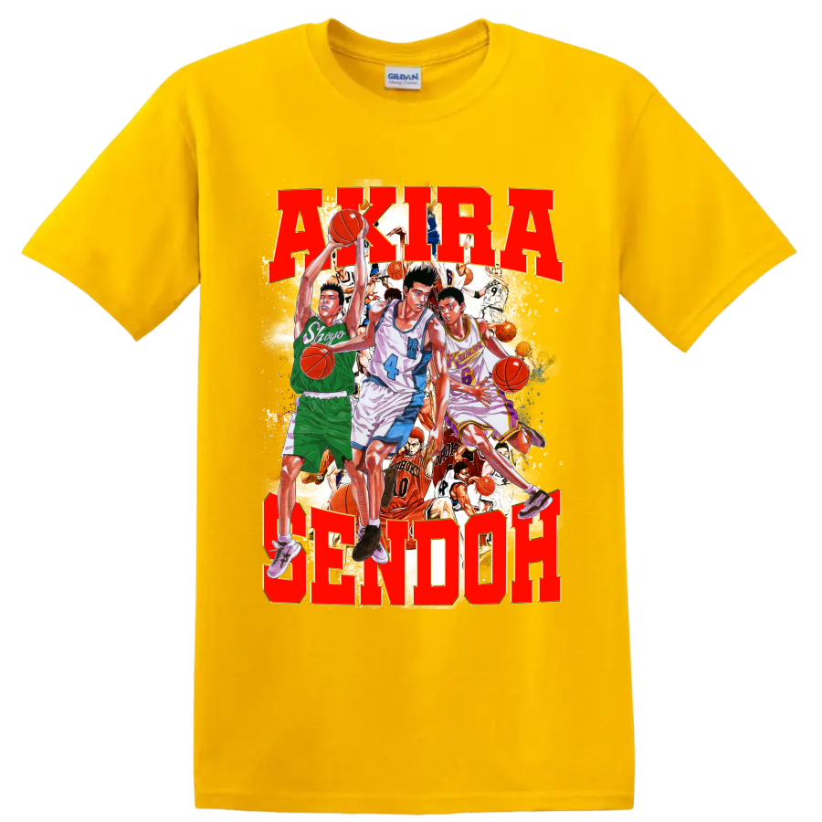 Slam Dunk manga collage with Sendoh, Fujima, Sakuragi and bold AKIRA SENDOH text on a Daisy (Yellow) T Shirt