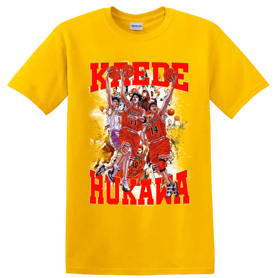 Kaede Rukawa Slam Dunk manga-style Shohoku basketball action collage on a Daisy (Yellow) T Shirt