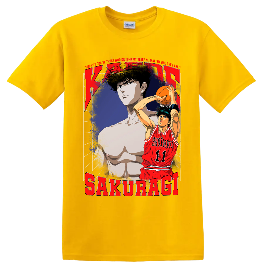 Kaede Rukawa Slam Dunk distressed Shohoku 11 basketball anime graphic on a Daisy (Yellow) T Shirt