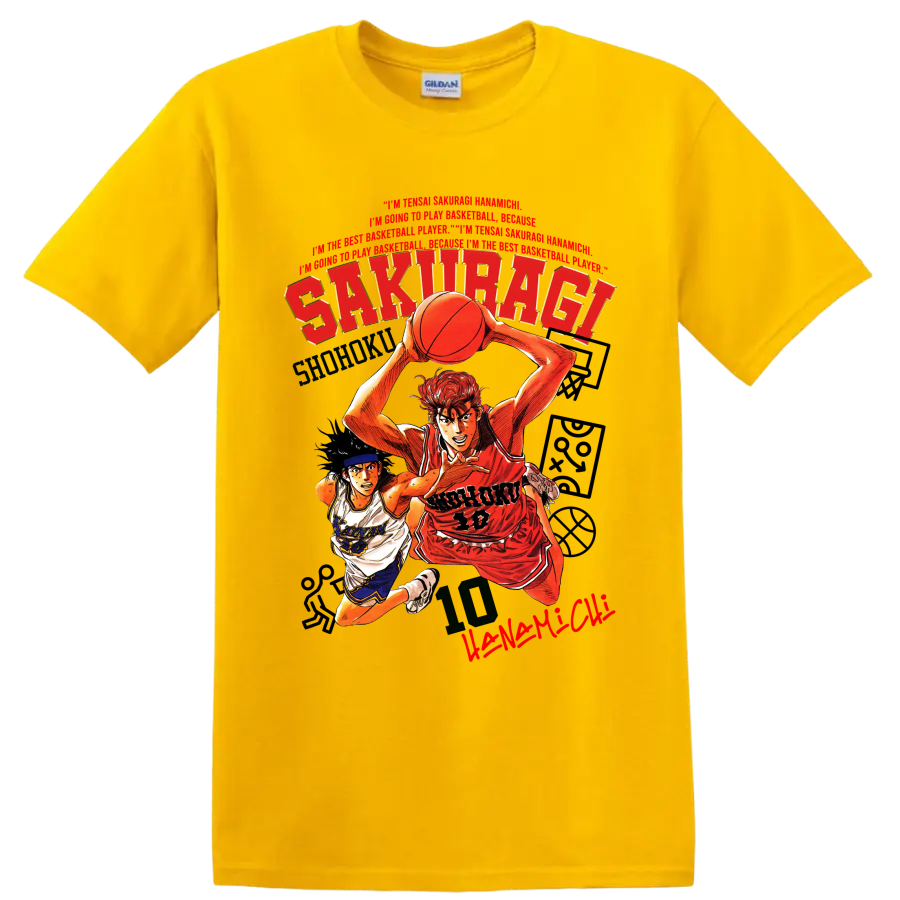Slam Dunk manga graphic of Hanamichi Sakuragi and Nobunaga Kiyota playing basketball on a Daisy (Yellow) T Shirt