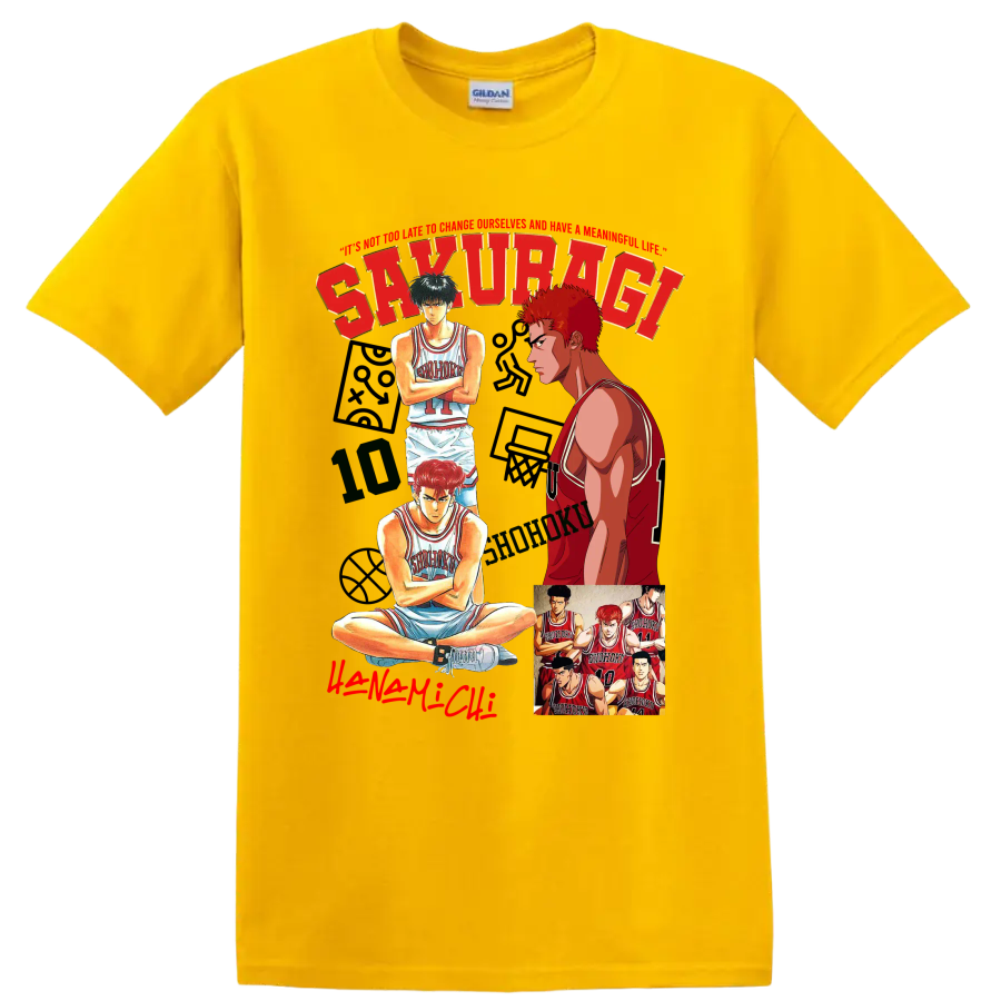 Slam Dunk manga collage of Hanamichi Sakuragi, Kaede Rukawa, and Shohoku players on a Daisy (Yellow) T Shirt