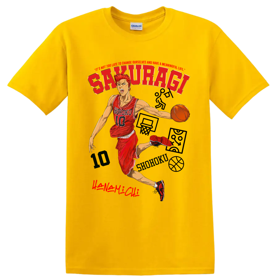 Hanamichi Sakuragi Slam Dunk manga basketball action graphic with Shohoku jersey on a Daisy (Yellow) T Shirt