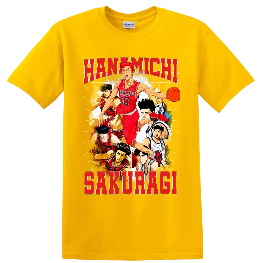Hanamichi Sakuragi Slam Dunk manga basketball collage with Shohoku players on a Daisy (Yellow) T Shirt