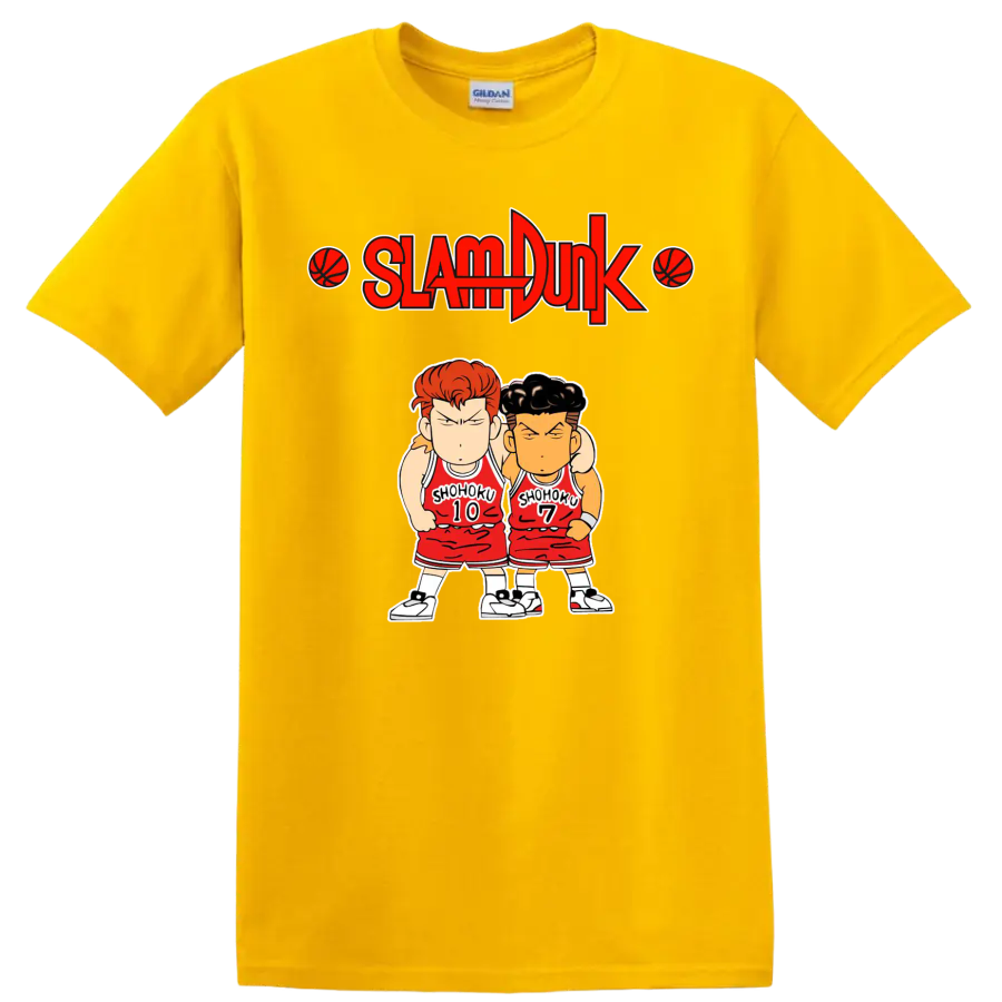 Chibi Hanamichi Sakuragi and Ryota Miyagi in Shohoku uniforms beneath Slam Dunk logo on a Daisy (Yellow) T Shirt
