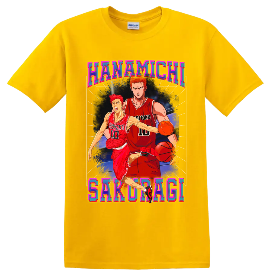 Hanamichi Sakuragi Slam Dunk basketball action in colorful retro poster art on a Daisy (Yellow) T Shirt