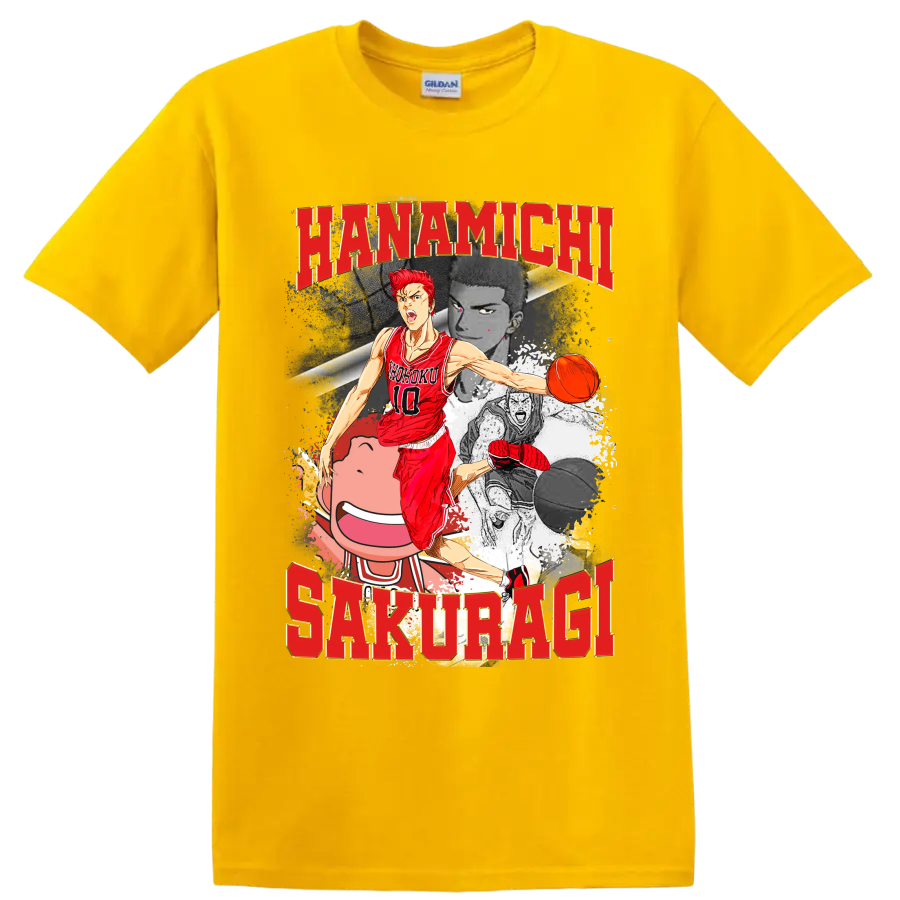 Hanamichi Sakuragi Slam Dunk manga basketball collage with red number 10 player on a Daisy (Yellow) T Shirt