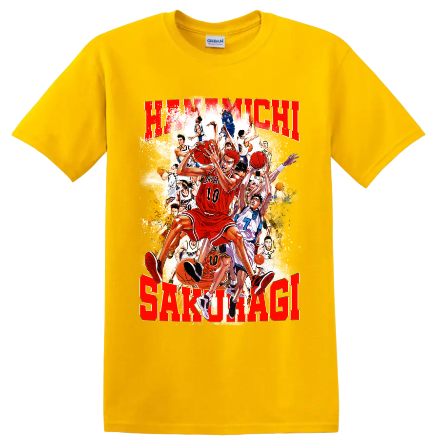 Hanamichi Sakuragi Slam Dunk manga basketball collage with distressed red lettering on a Daisy (Yellow) T Shirt