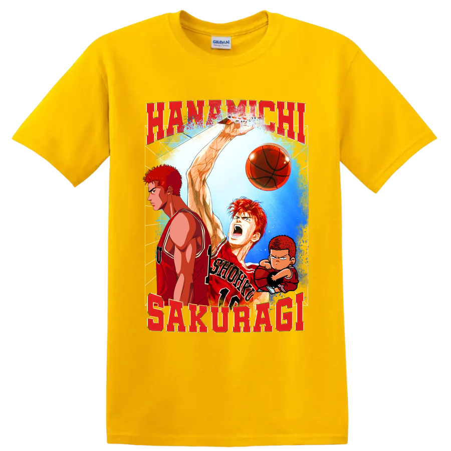 Hanamichi Sakuragi Slam Dunk manga basketball graphic with red lettering and chibi art on a Daisy (Yellow) T Shirt