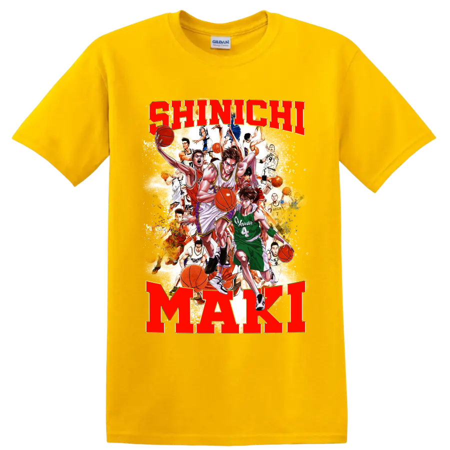 Shinichi Maki Slam Dunk manga basketball collage with bold name lettering on a Daisy (Yellow) T Shirt