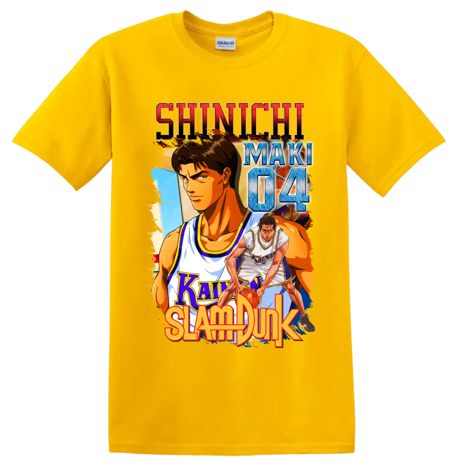 Shinichi Maki Slam Dunk manga-style Kainan basketball graphic with number 04 on a Daisy (Yellow) T Shirt