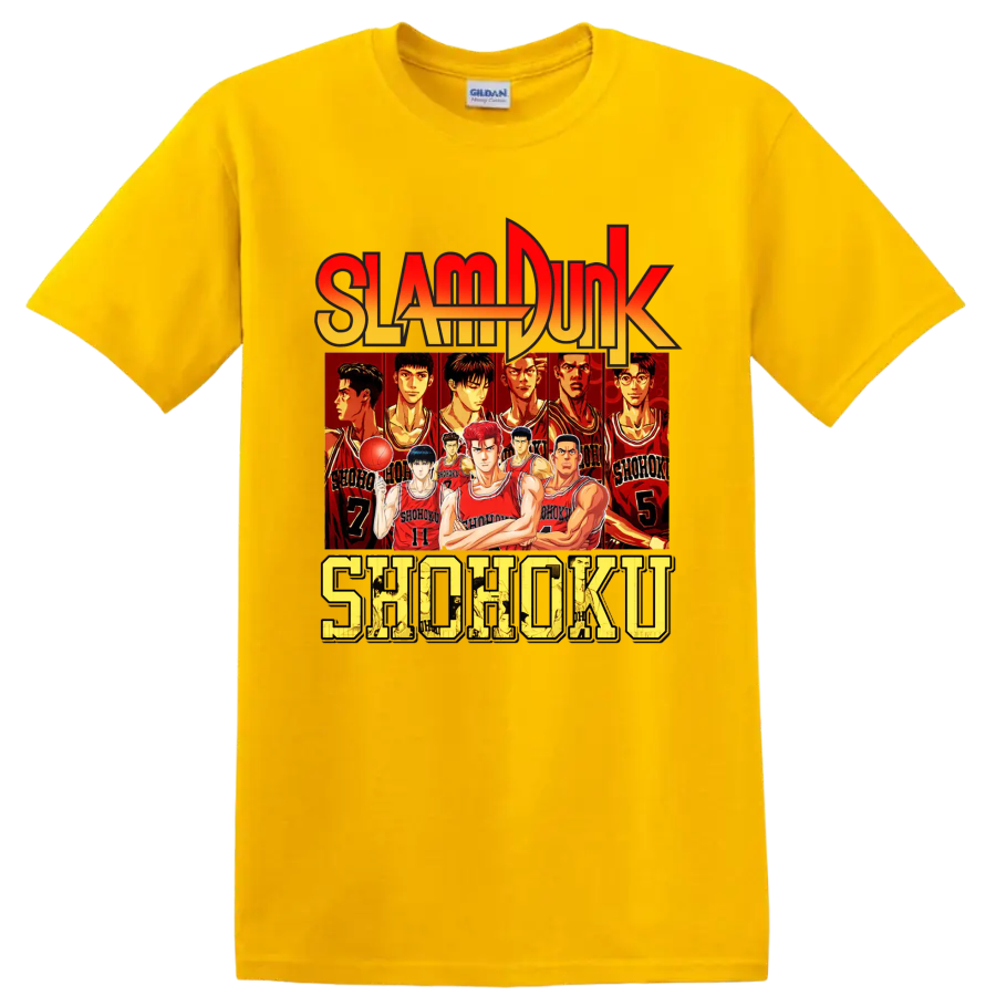 Slam Dunk Shohoku basketball team anime graphic with red jersey player lineup on a Daisy (Yellow) T Shirt