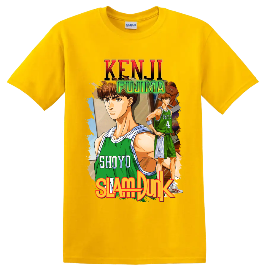 Kenji Fujima Slam Dunk manga basketball graphic with Shoyo jersey number 4 on a Daisy (Yellow) T Shirt
