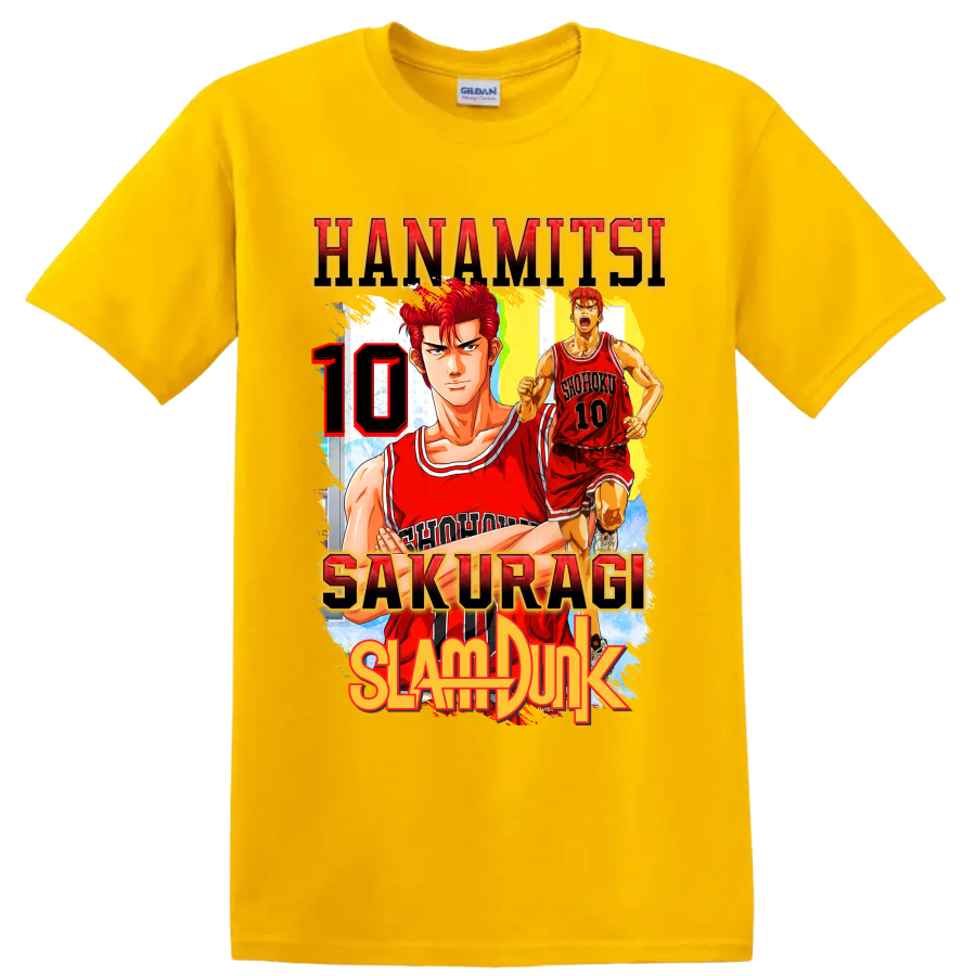 Hanamichi Sakuragi Slam Dunk manga basketball graphic with red number 10 on a Daisy (Yellow) T Shirt