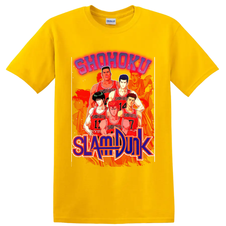 Slam Dunk Shohoku basketball team lineup in red jerseys with bold manga lettering on a Daisy (Yellow) T Shirt