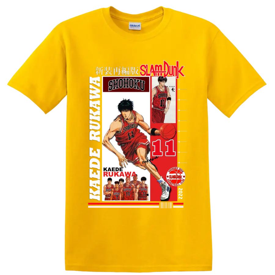 Kaede Rukawa Slam Dunk Shohoku basketball collage with number 11 and player portraits on a Daisy (Yellow) T Shirt