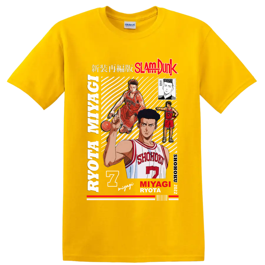 Ryota Miyagi Slam Dunk manga collage with Shohoku number 7 basketball artwork on a Daisy (Yellow) T Shirt