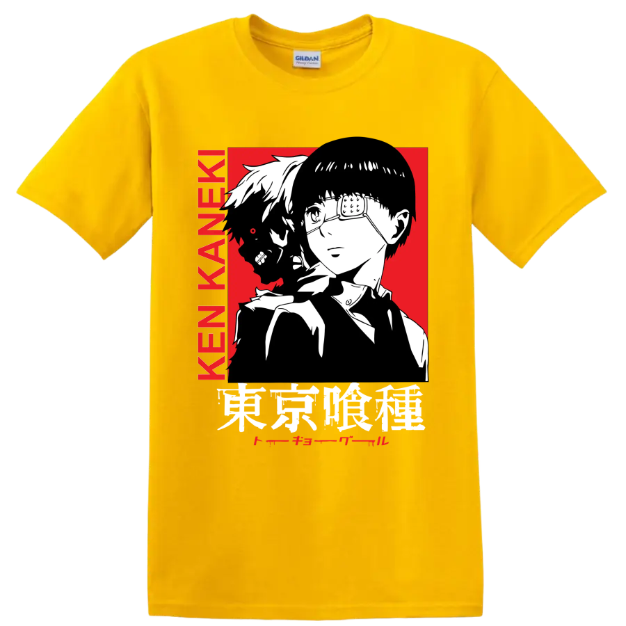 Ken Kaneki Tokyo Ghoul manga portrait with glasses, dark profile, and red backdrop on a Daisy (Yellow) T Shirt